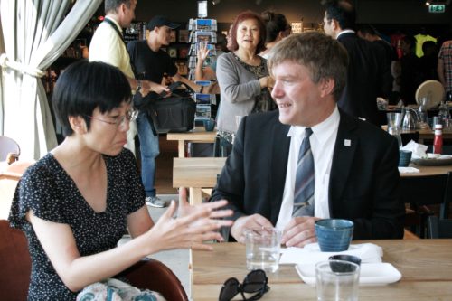 Joint Jubilee lunch with staff from the Japanese Embassy in Stockholm. Kaho Soji in conversation with Roger Klein at the Viking museum on Djurgården. Photo: Carolina Hawranek